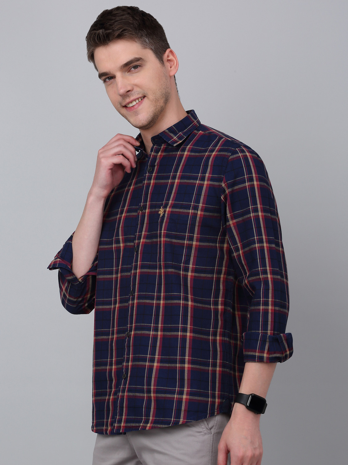 Image of CANTABIL Men Checkered Casual Dark Blue Shirt