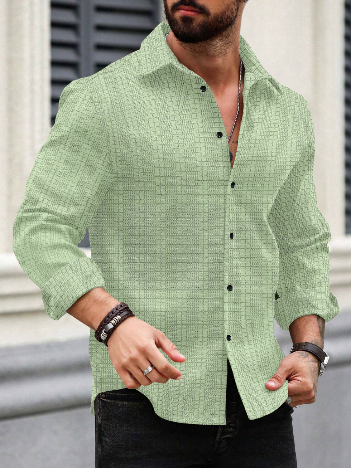 Image of Nofilter Men Self Design Casual Light Green Shirt