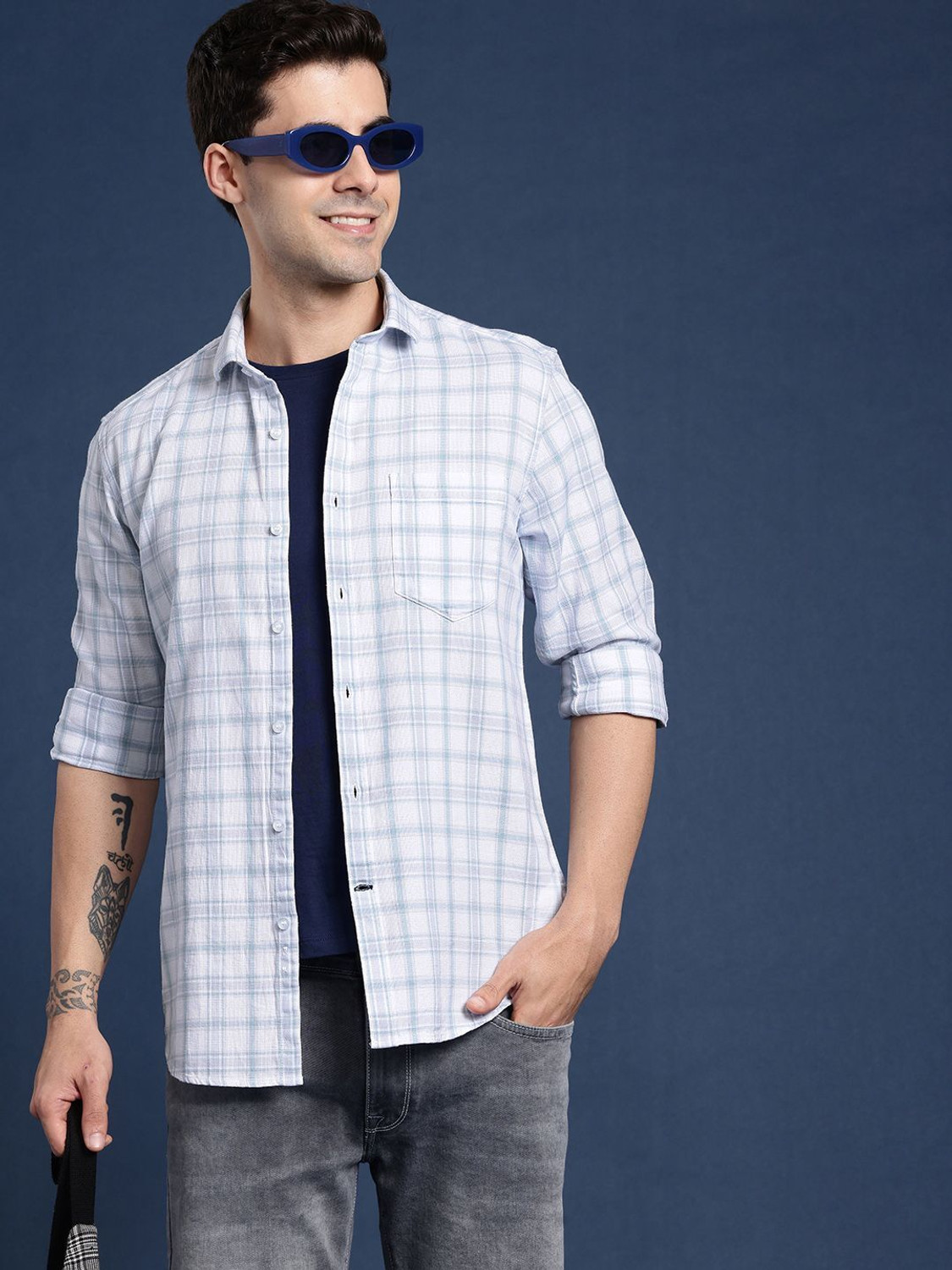 Image of Mast & Harbour Men Checkered Casual White Shirt