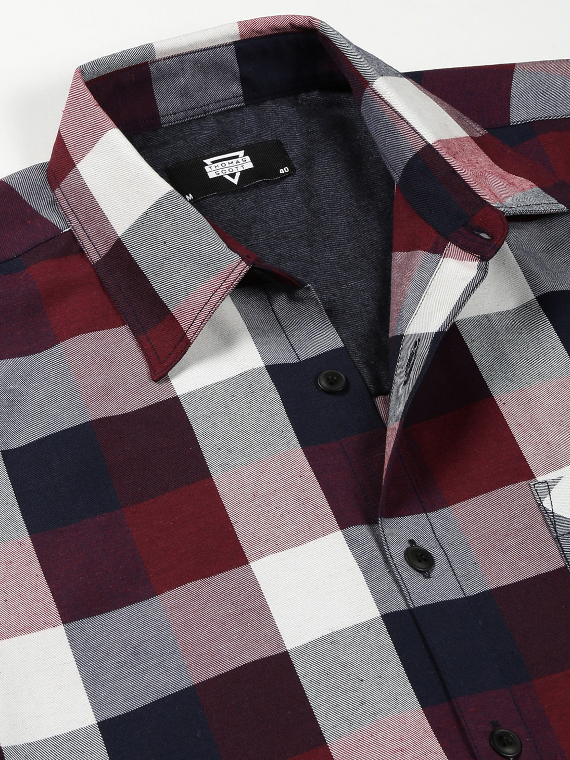 Image of THOMAS SCOTT Men Checkered Casual Maroon, Dark Blue, White Shirt