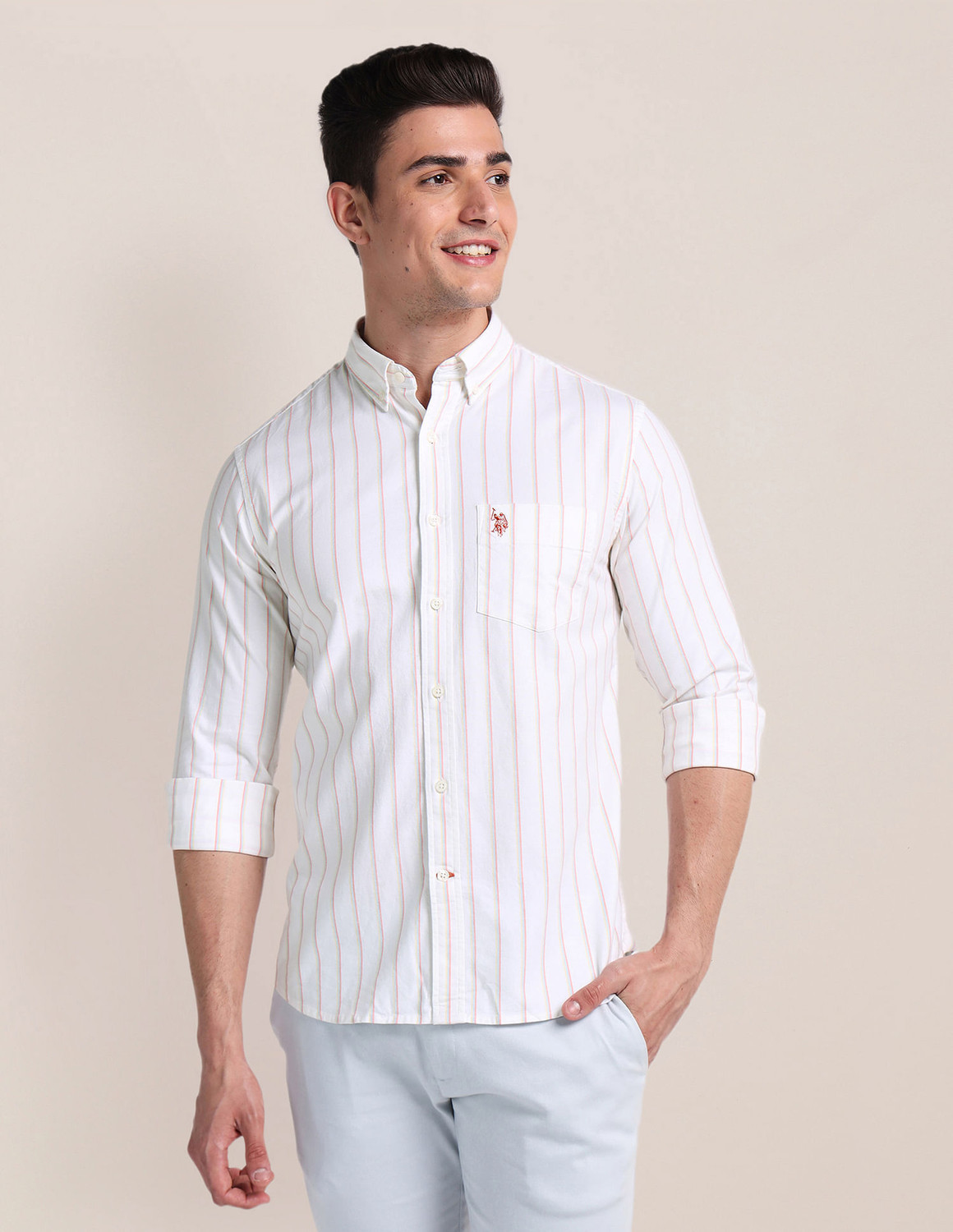 Image of U.S. POLO ASSN. Men Striped Casual White Shirt