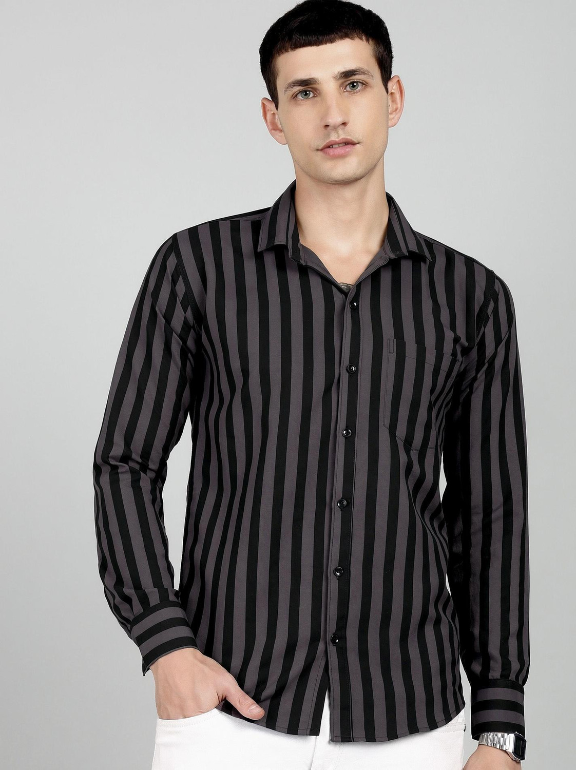 Image of RODEIZ Men Striped Casual Grey Shirt