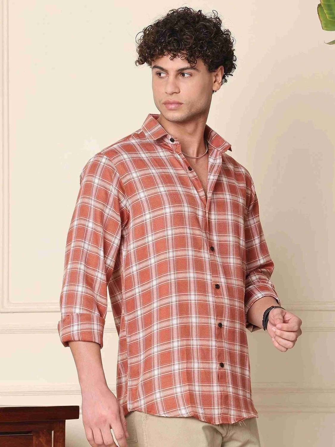 SMARTYFASHION Men Orange Checkered Casual Shirt - Image 4