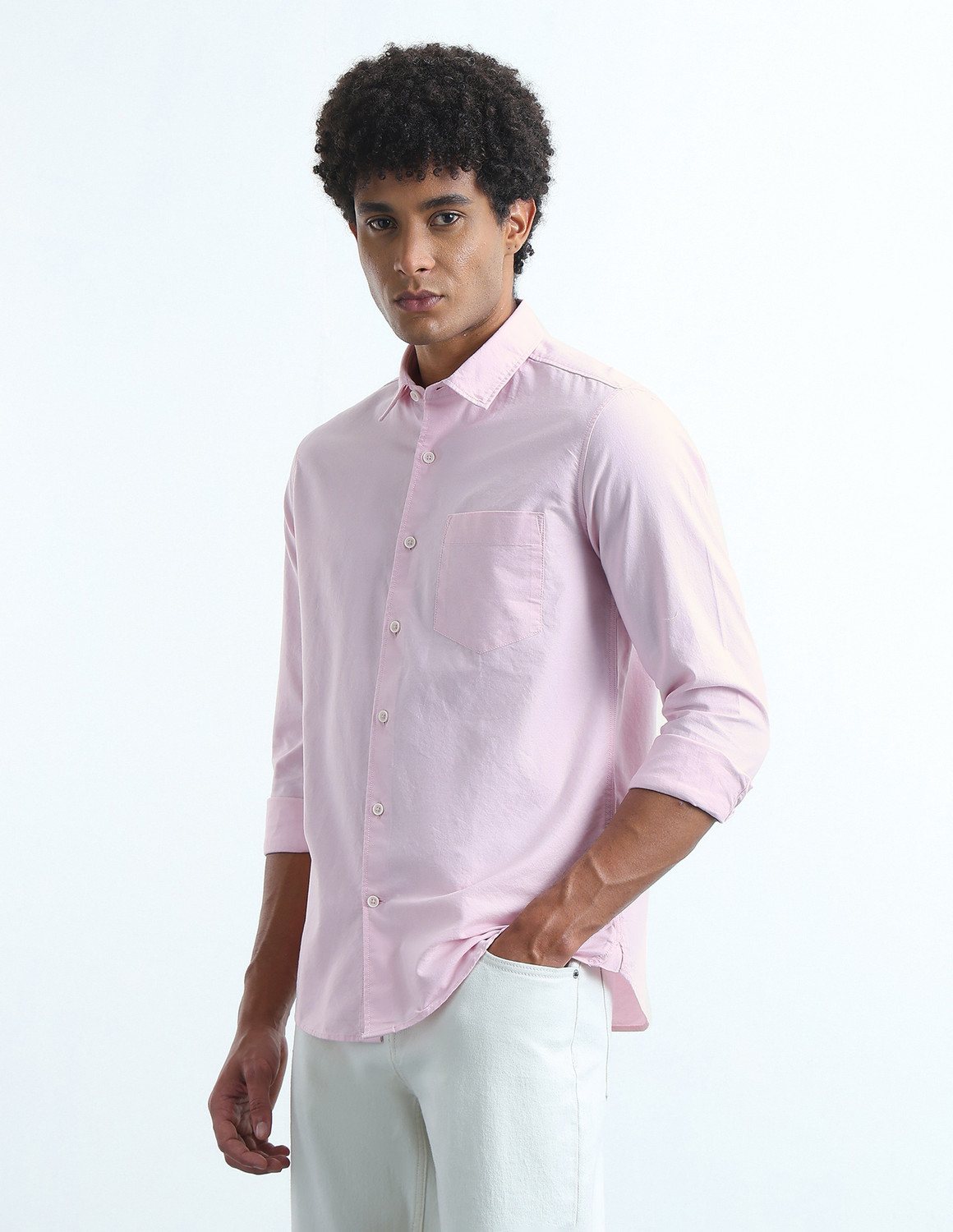 Image of FLYING MACHINE Men Solid Casual Pink Shirt