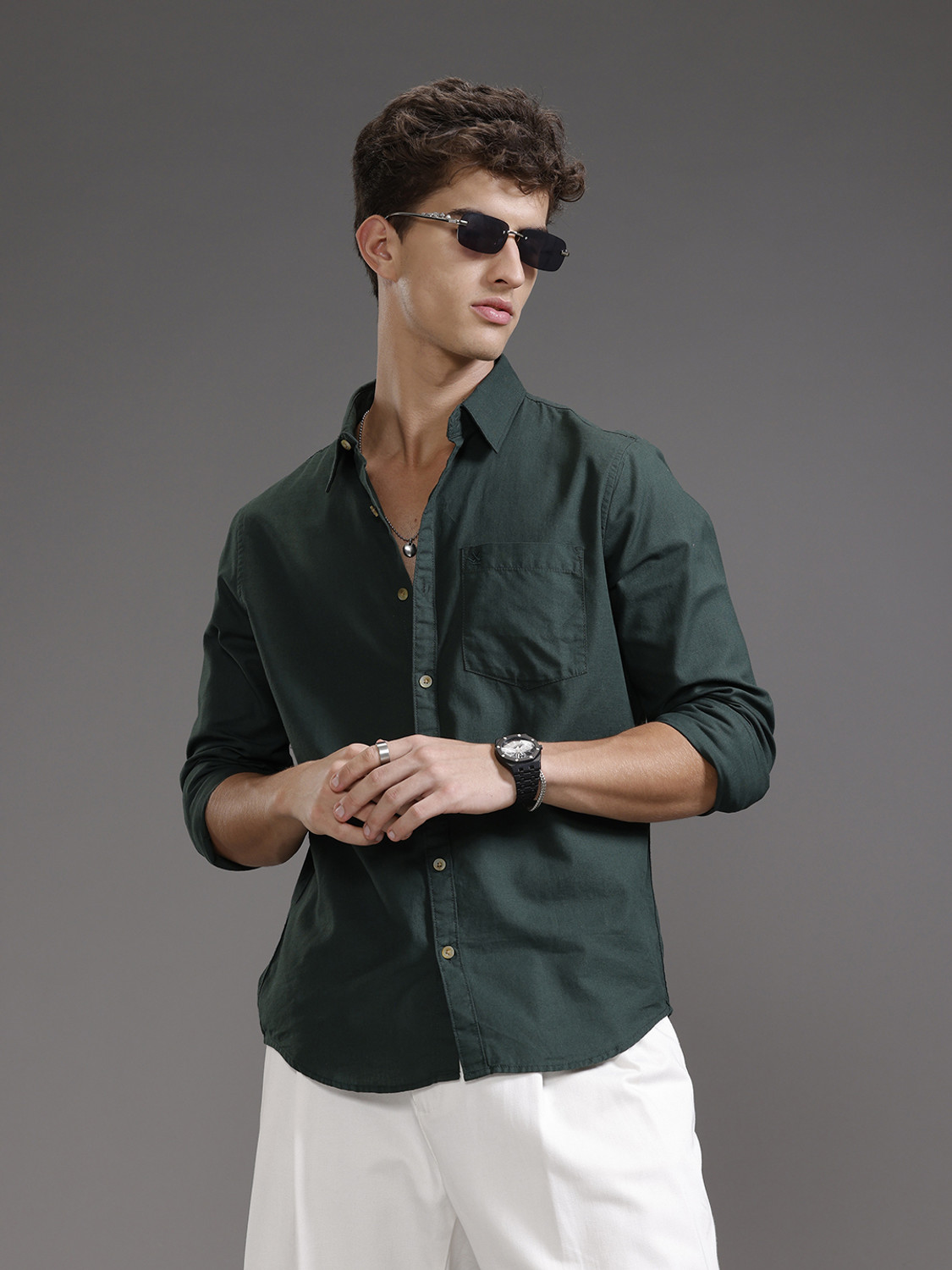 Image of WROGN Men Solid Casual Green Shirt