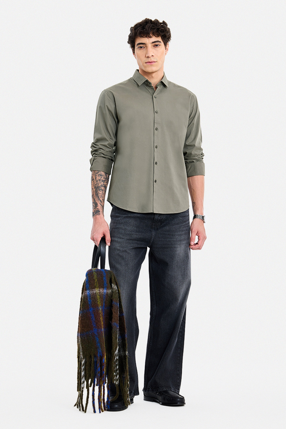 Image of Snitch Men Solid Casual Dark Green Shirt