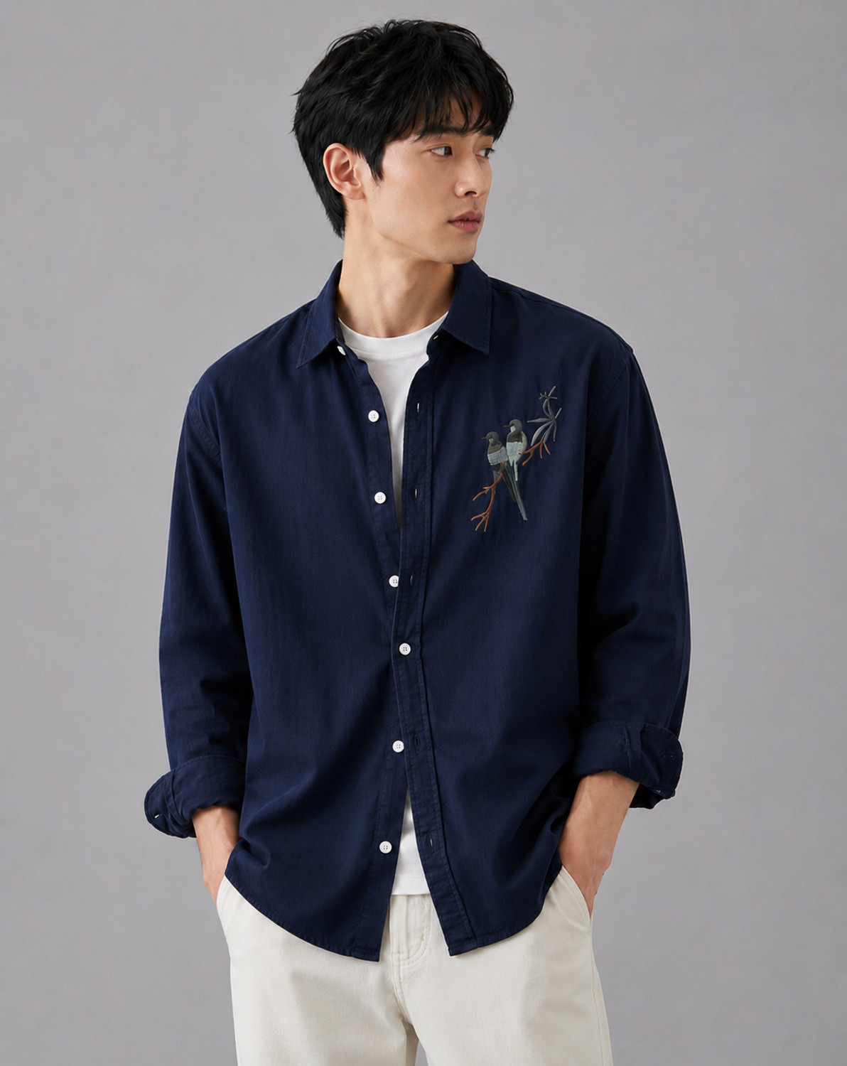 Image of Ample Grace Men Embroidered Casual Dark Blue Shirt