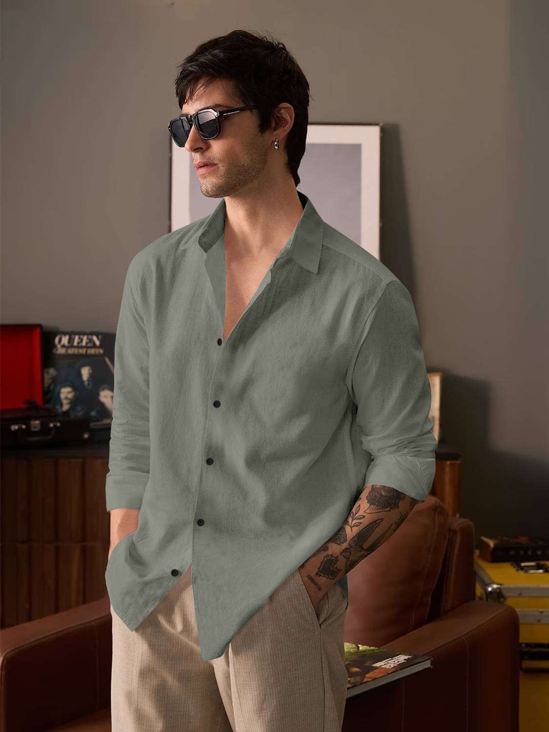 Never9 Men Solid Casual Green Shirt