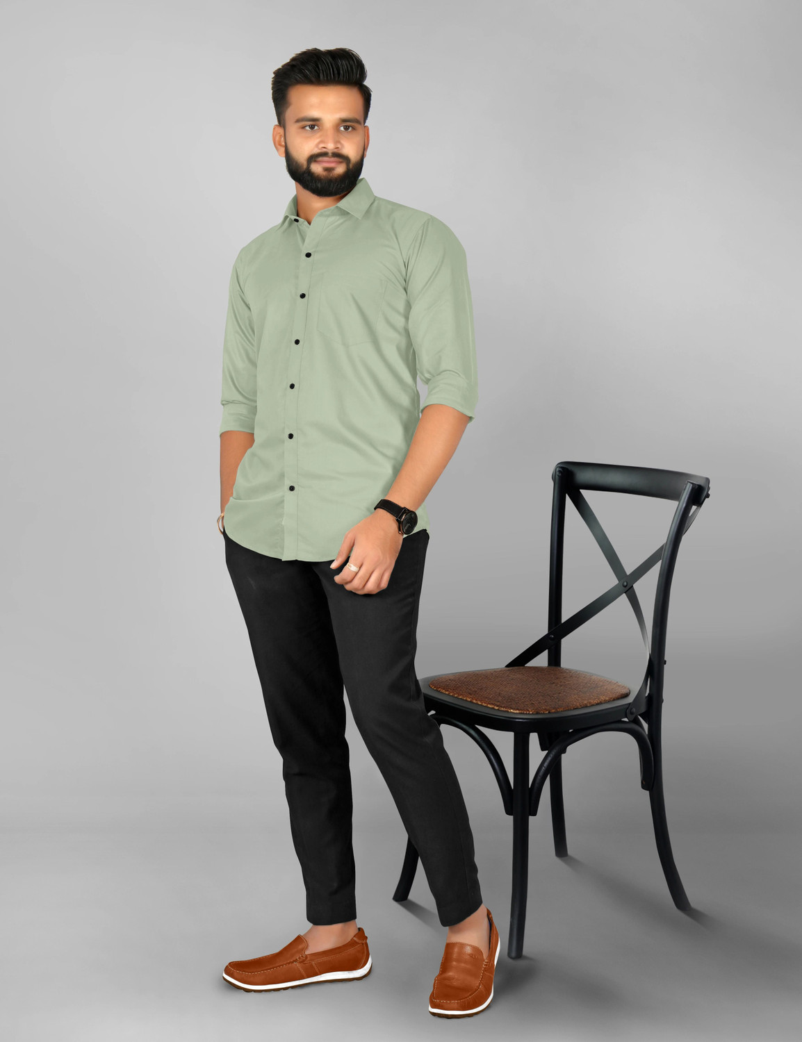 Image of FIBERMILL Men Solid Formal Light Green Shirt