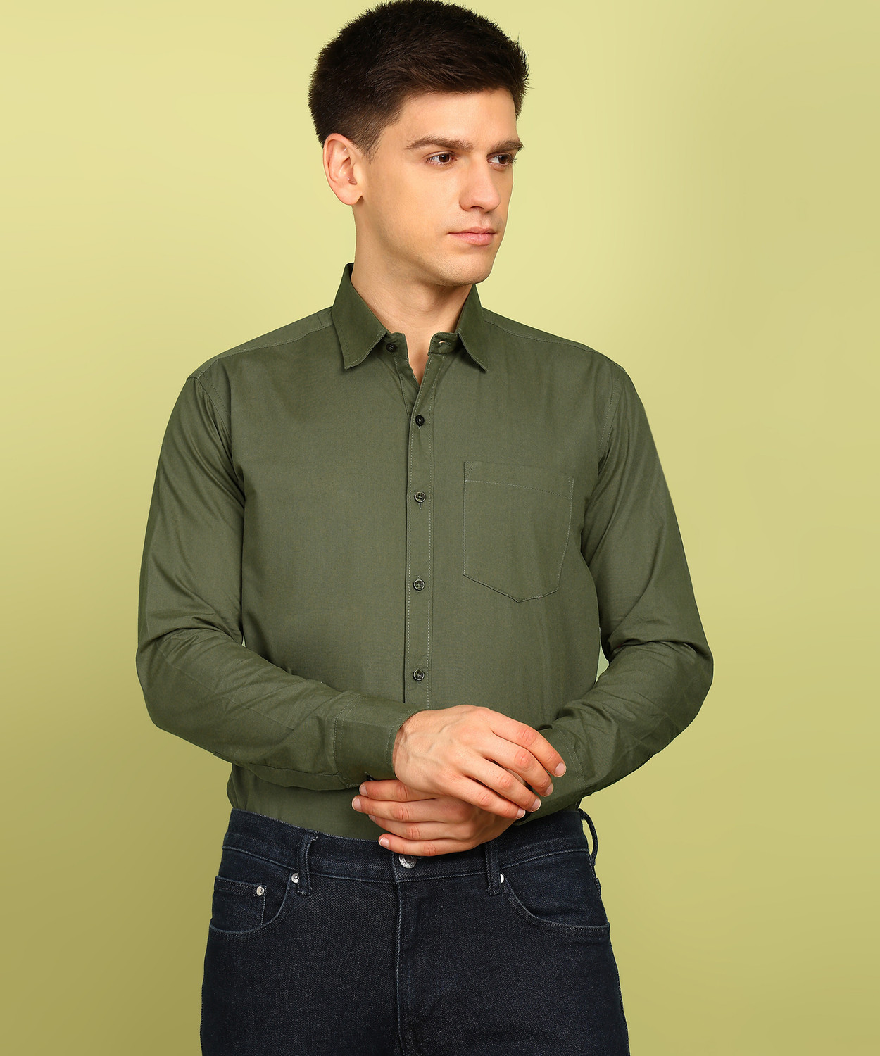 Image of FUBAR Men Solid Formal Dark Green Shirt