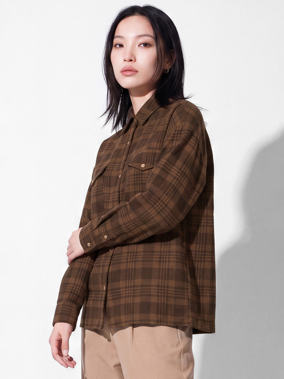 Image of MAX Women Checkered Casual Brown Shirt