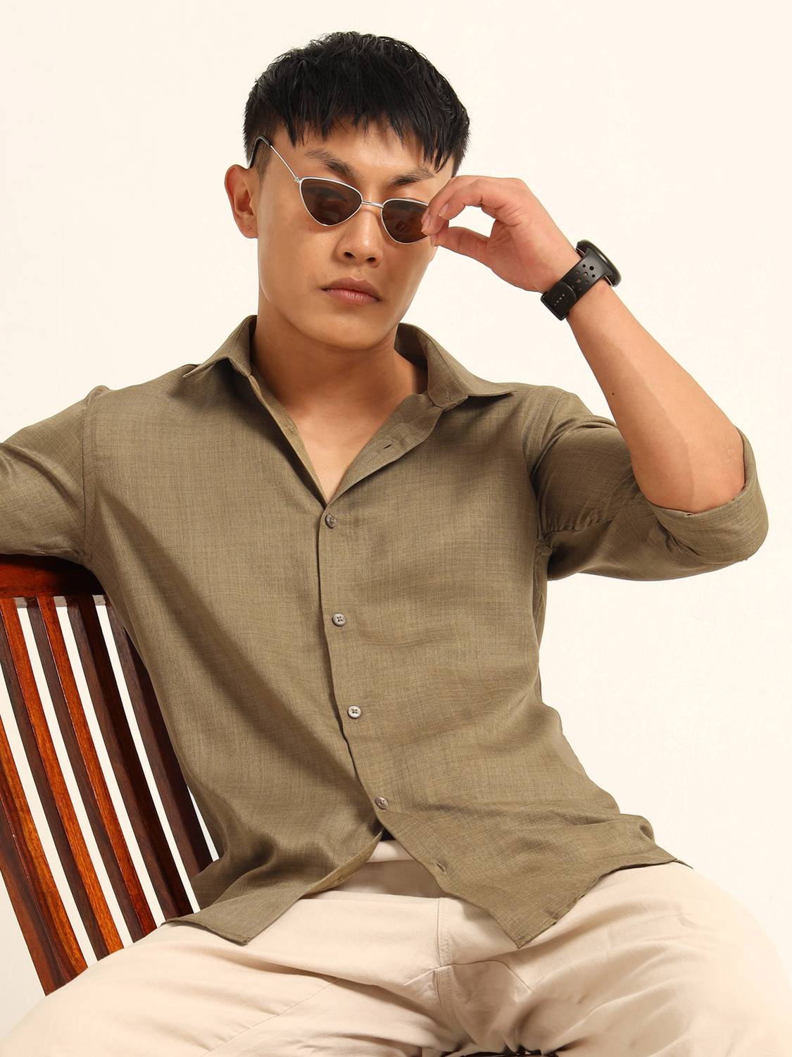 Bushirt Men Solid Casual Green Shirt
