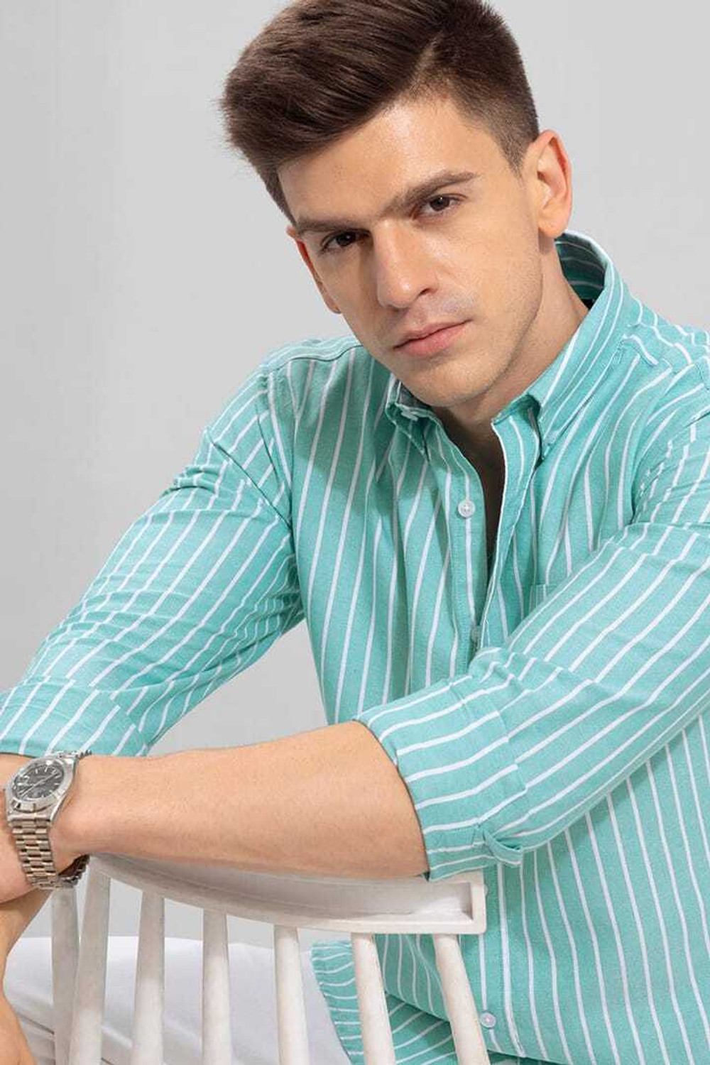 Image of CROWNEDLION Men Striped Casual Light Blue Shirt