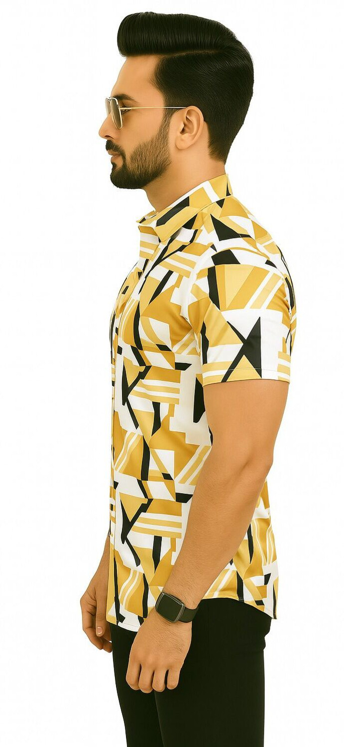 Image of AVOLT Men Printed Casual Yellow, Black Shirt