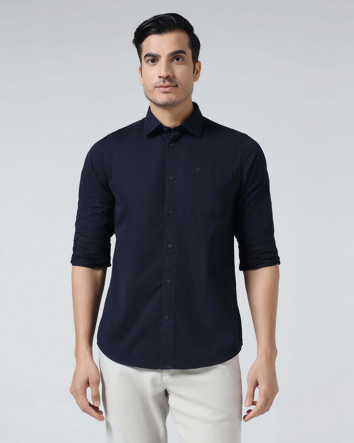 Image of Blackberrys Men Solid Casual Blue Shirt