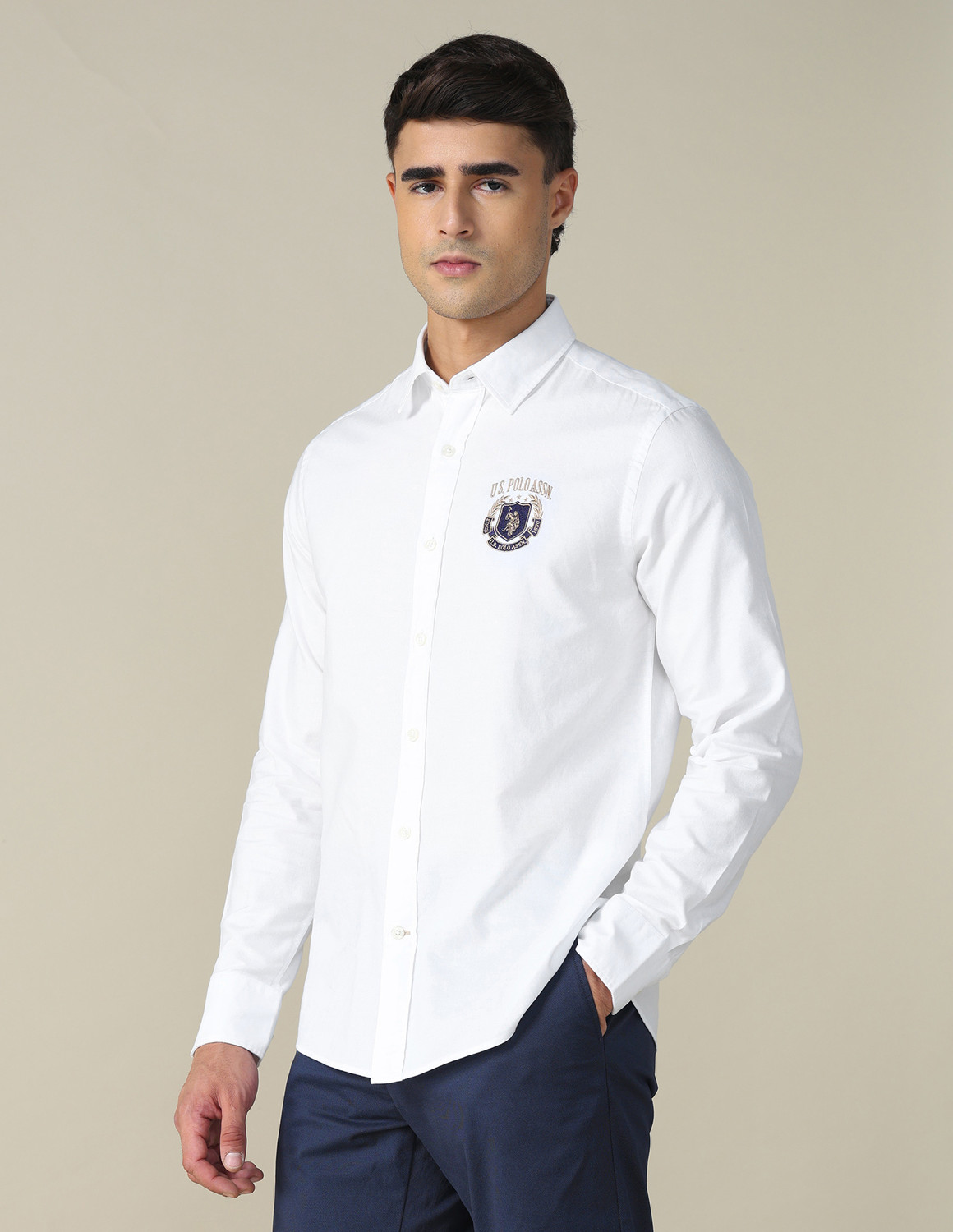 Image of U.S. POLO ASSN. Men Solid, Printed Casual White Shirt
