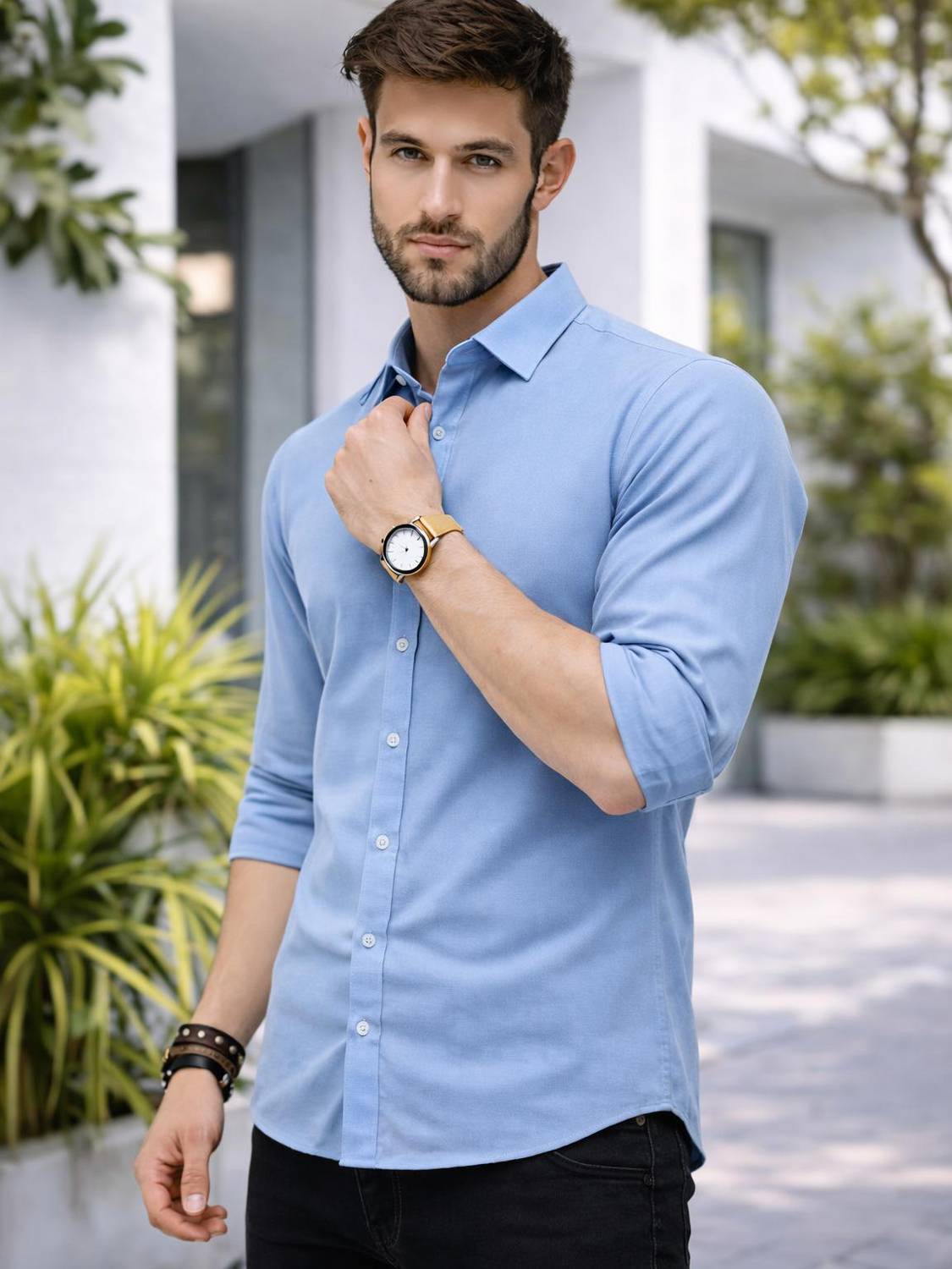 PRIVASTRAM Men Solid Casual Blue Shirt