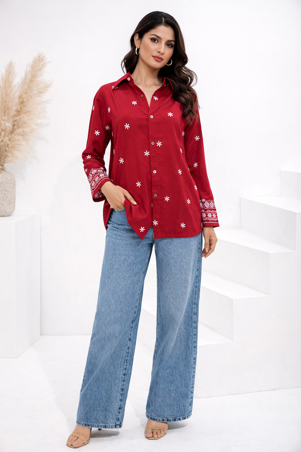 Image of Tzelynn Women Solid, Embroidered Casual Red Shirt