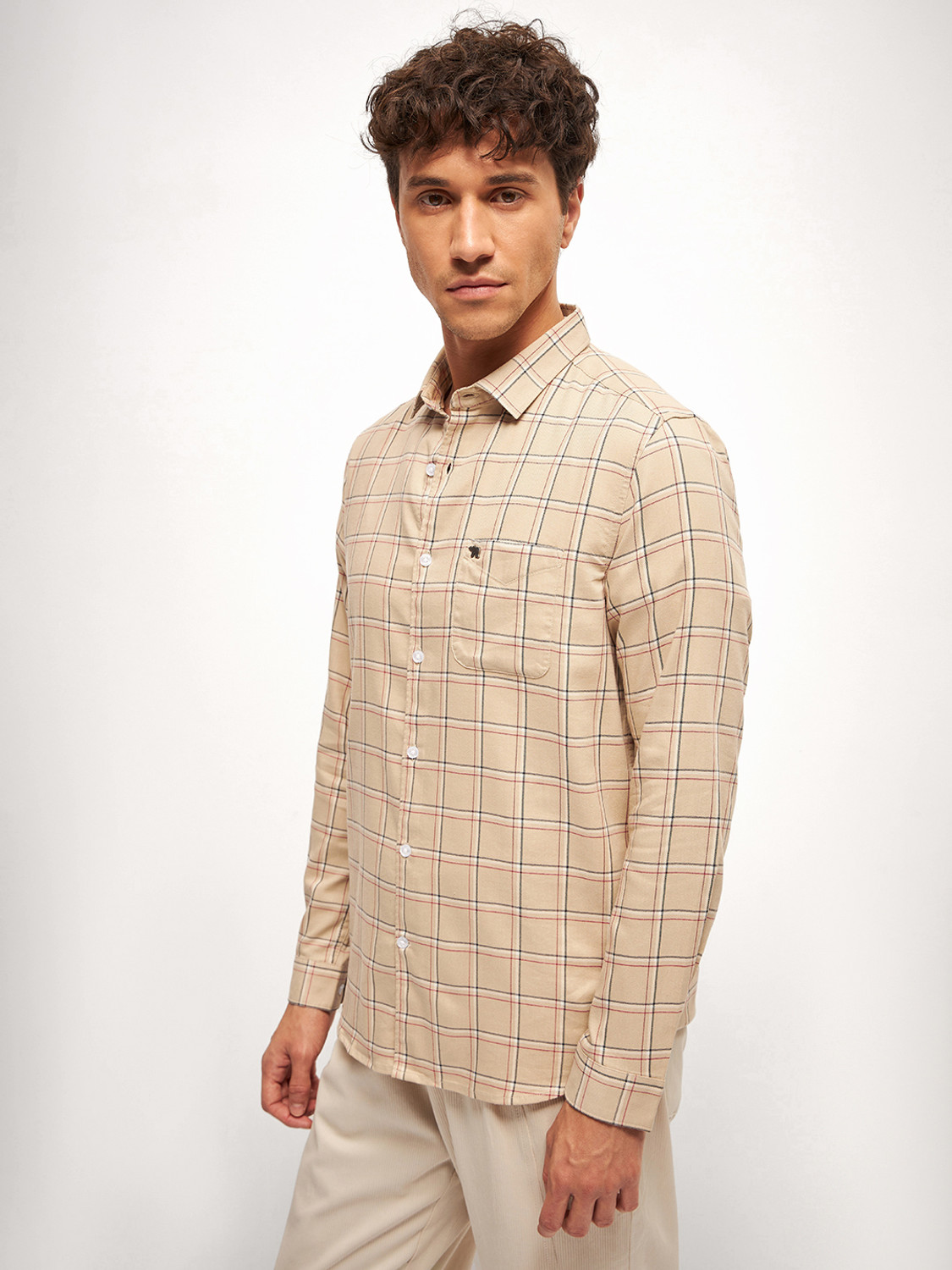 Image of THE BEAR HOUSE Men Checkered Casual Beige Shirt