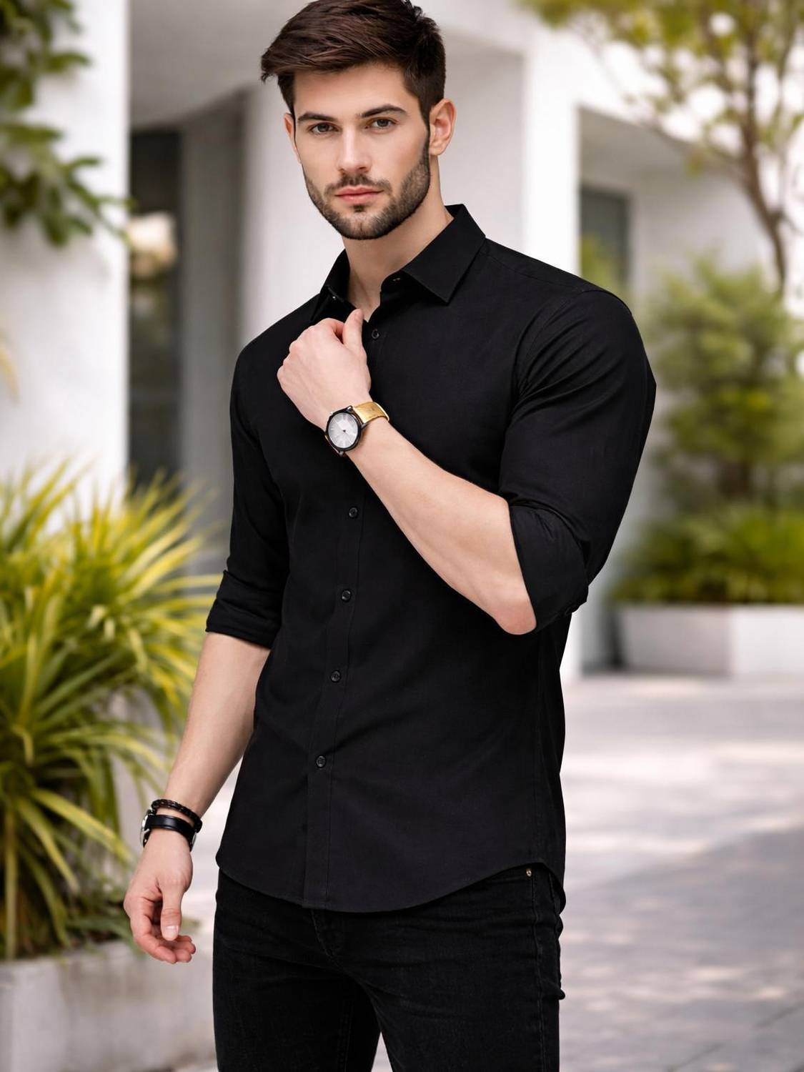 PRIVASTRAM Men Solid Casual Black Shirt