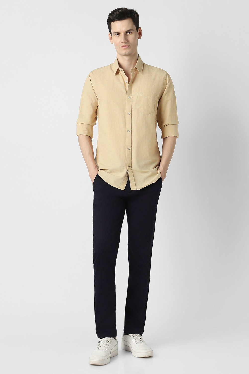 Image of PETER ENGLAND Men Solid Casual Beige Shirt