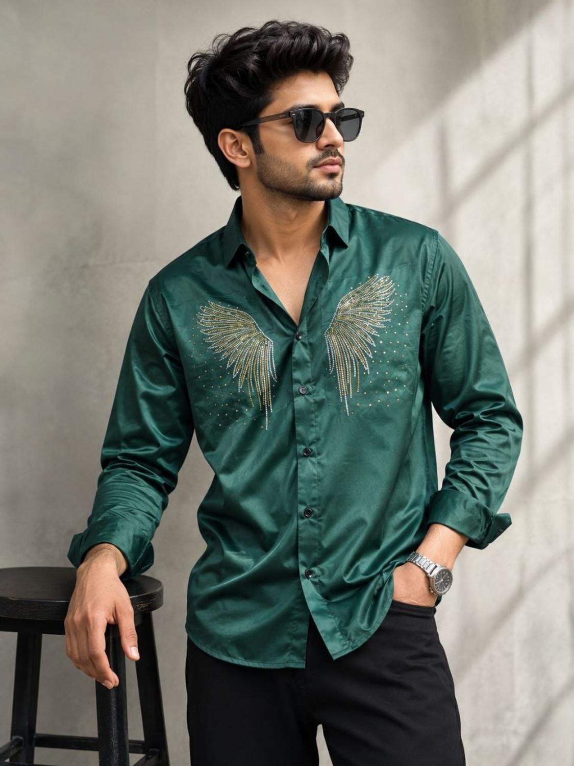 Image of zerbit Men Embellished Party Green Shirt