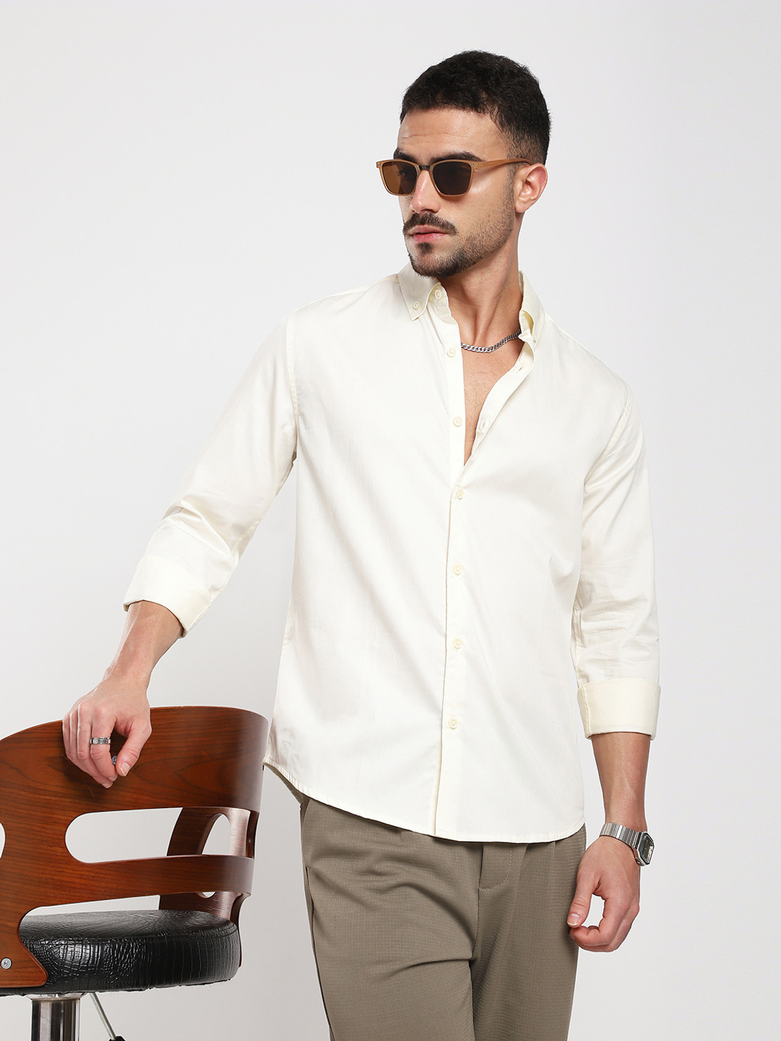 Image of VASTRADO Men Solid Casual Cream Shirt