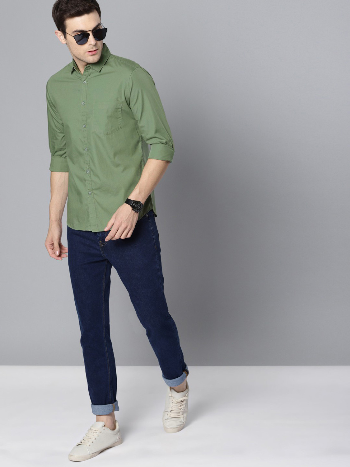 Image of PROVOGUE Men Solid Casual Green Shirt