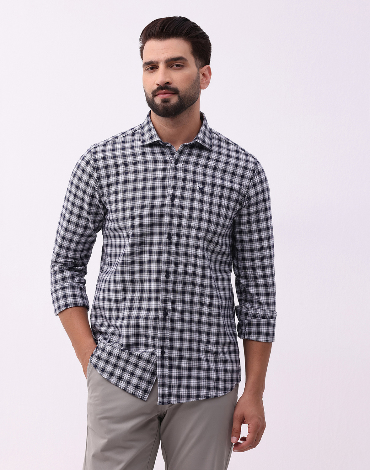 Image of Blackberrys Men Checkered Casual Dark Blue Shirt