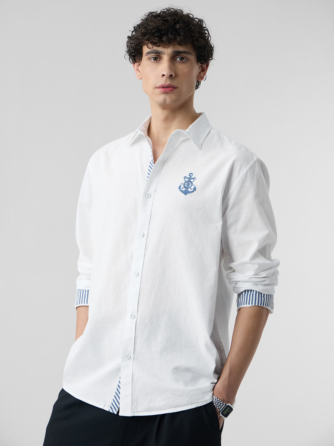 Image of The Souled Store Men Embroidered Casual White Shirt