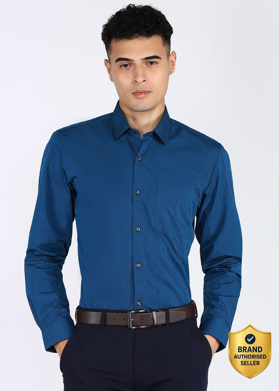 Image of PETER ENGLAND Men Checkered Formal Dark Blue Shirt