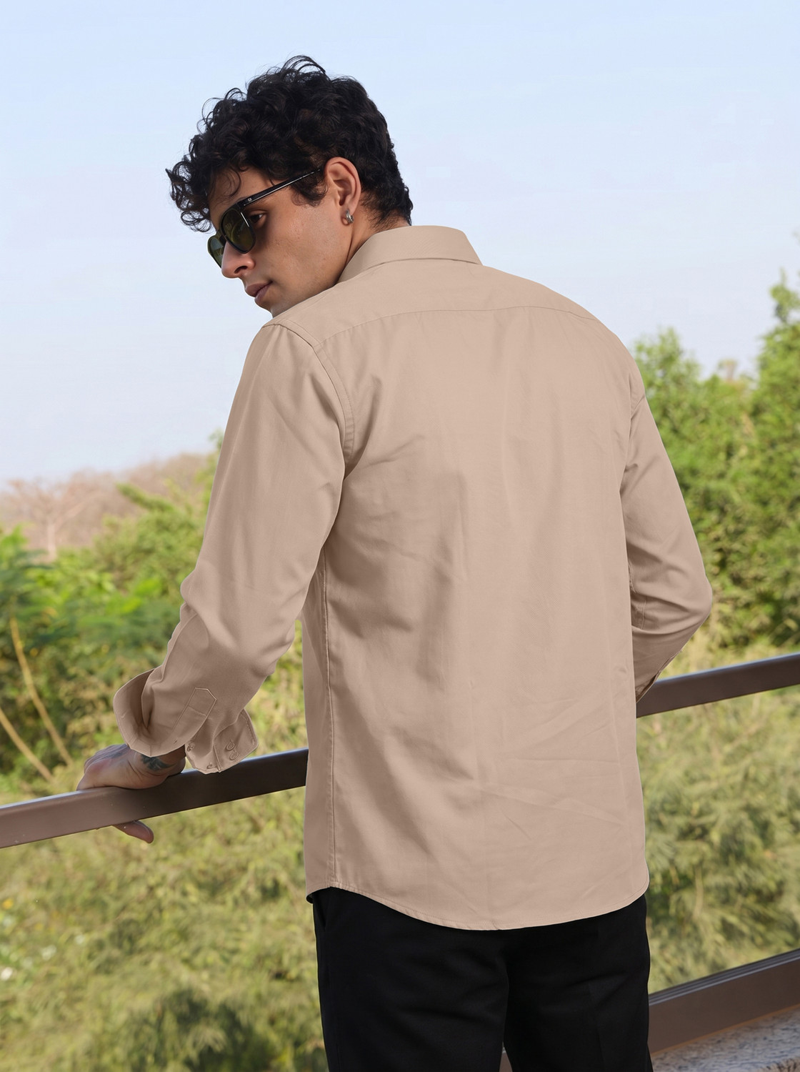 Image of VELLOSTA Men Solid Casual Beige Shirt