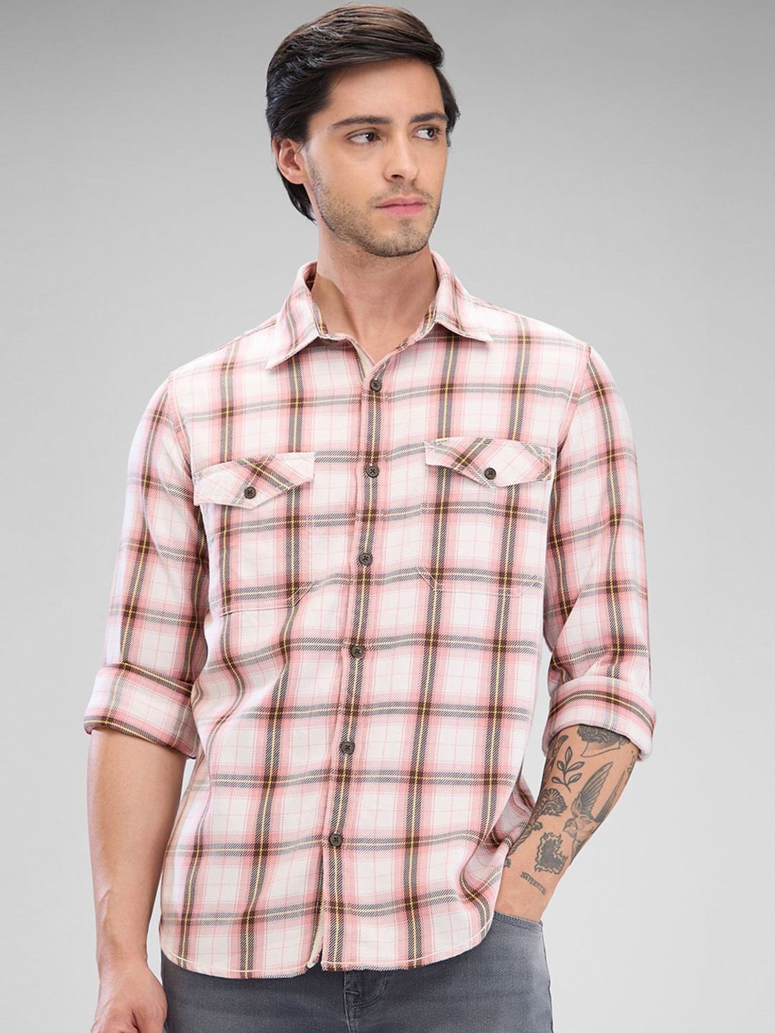 Image of Spykar Men Checkered Casual Pink Shirt