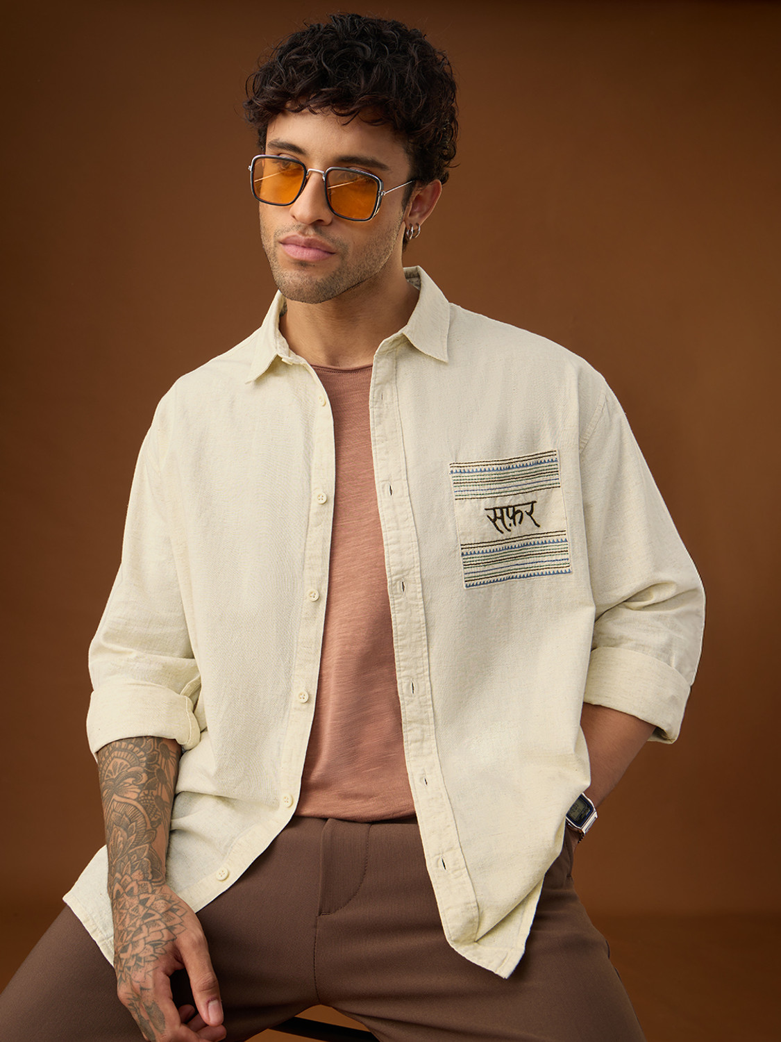 Image of The Souled Store Men Solid Casual Beige Shirt