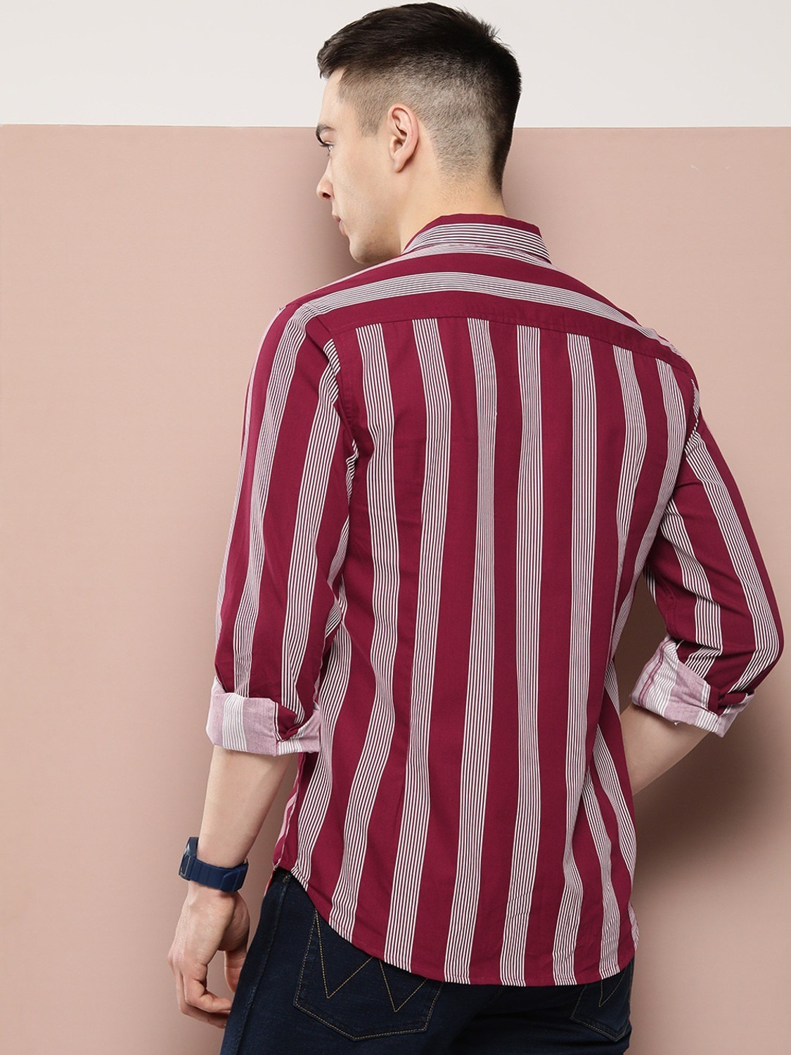 Image of RODEIZ Men Striped Casual Maroon, White Shirt