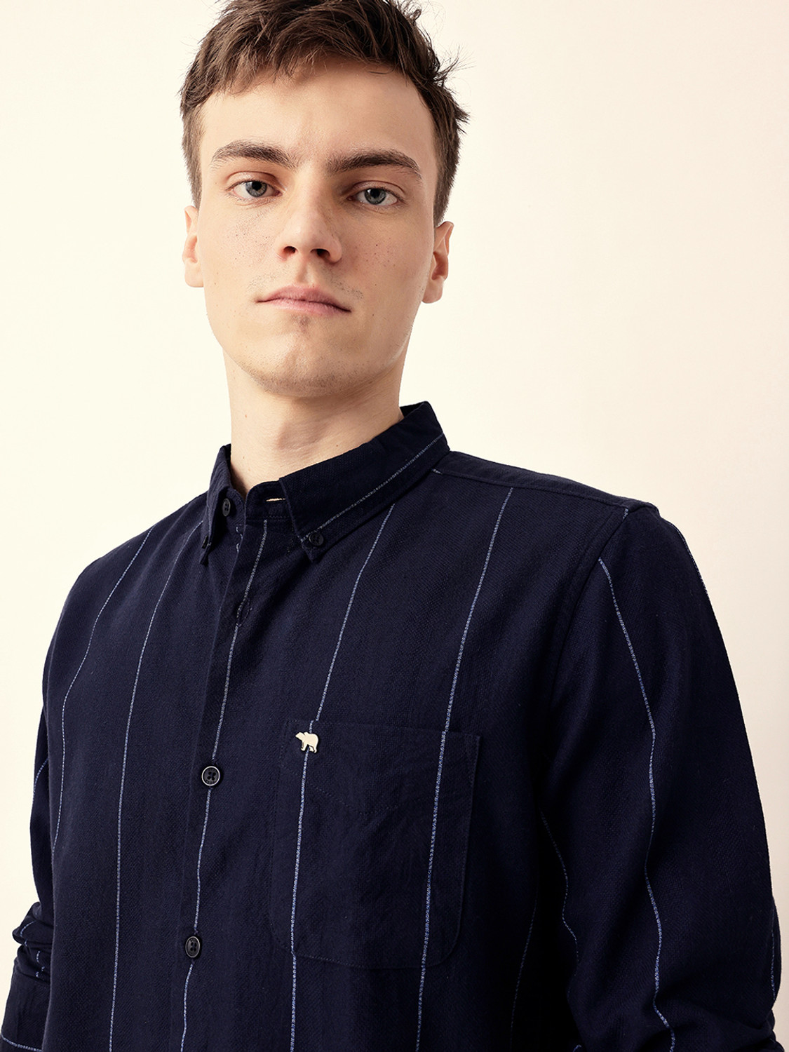 Image of THE BEAR HOUSE Men Striped Casual Dark Blue Shirt