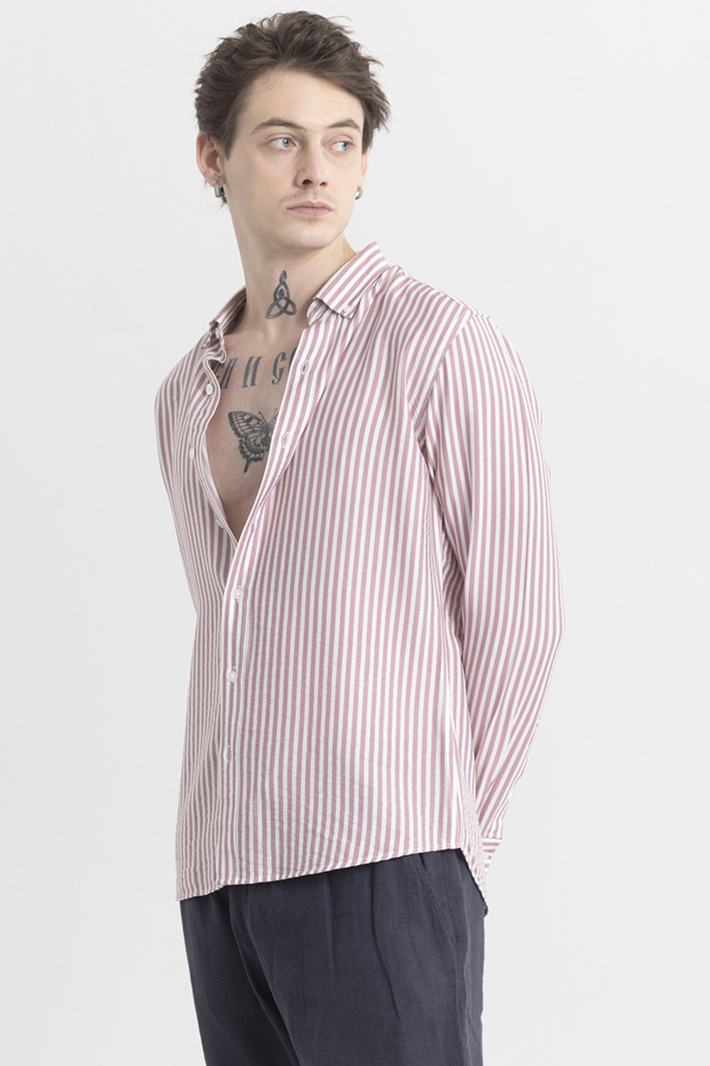 Image of Snitch Men Striped Casual Purple Shirt