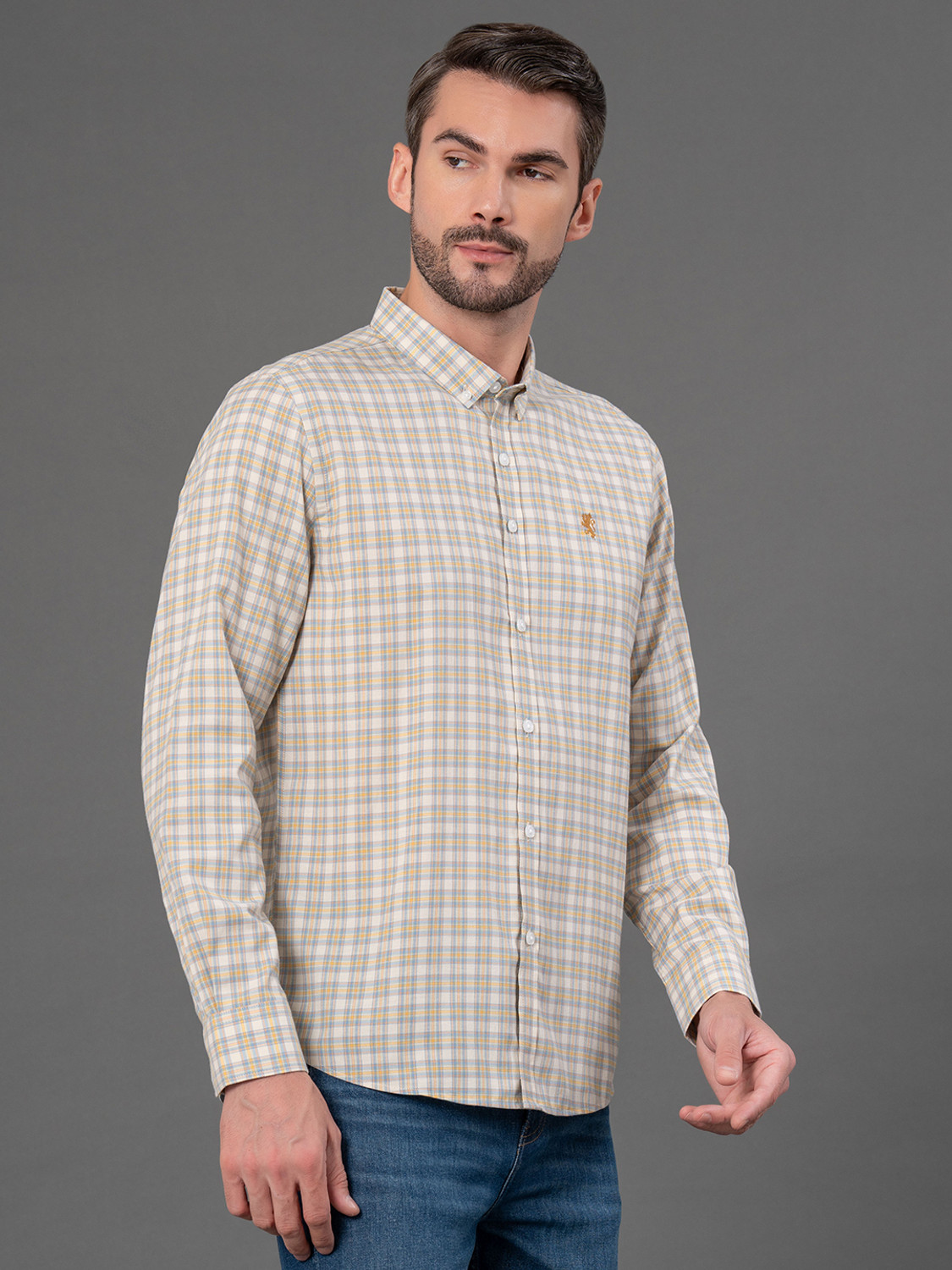 Image of RED TAPE Men Checkered Casual Beige Shirt