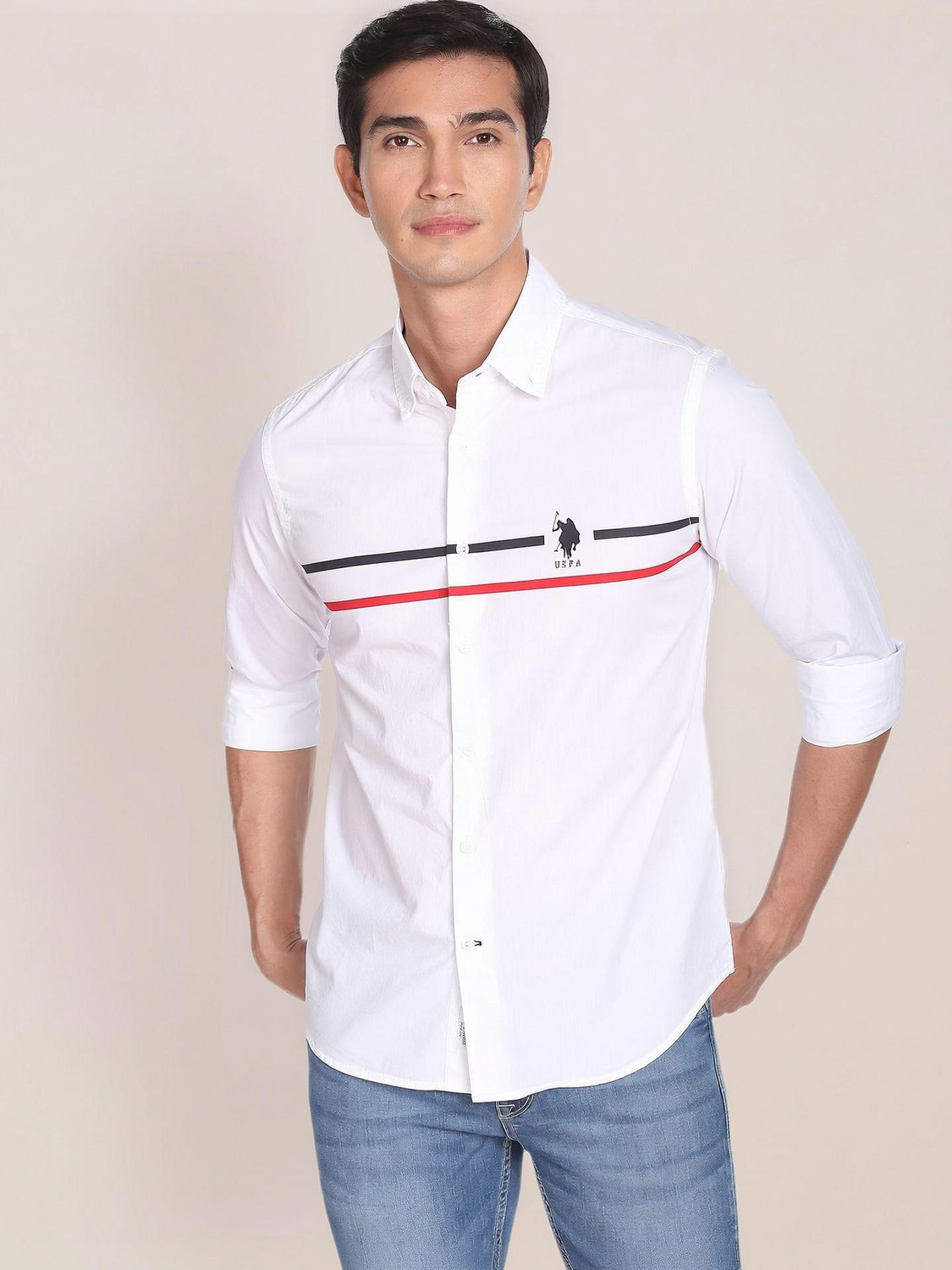 U.S. POLO ASSN. Men Striped Casual White, Blue, Red Shirt