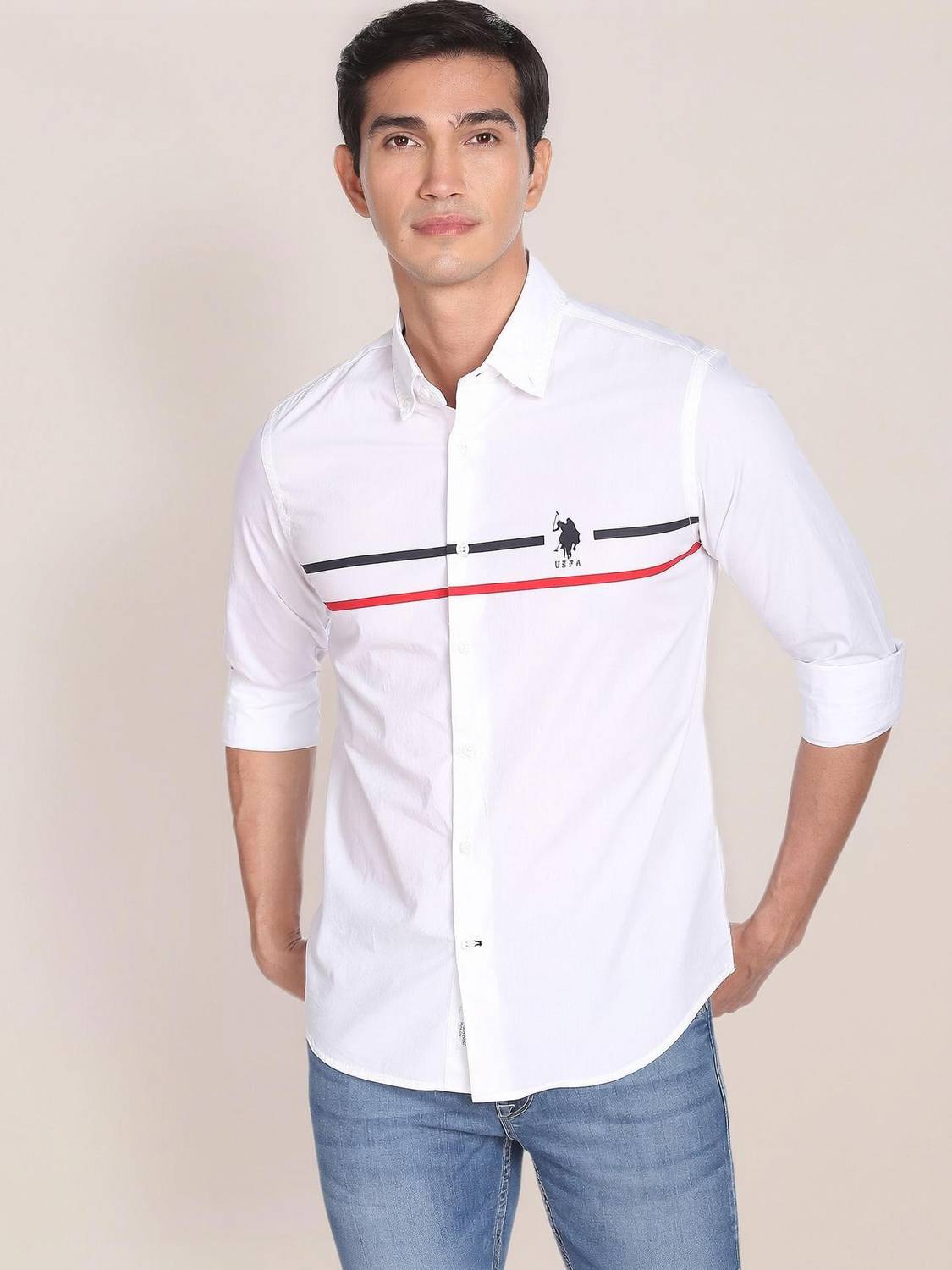 U.S. POLO ASSN. Men Striped Casual Shirt (White/Blue/Red)
