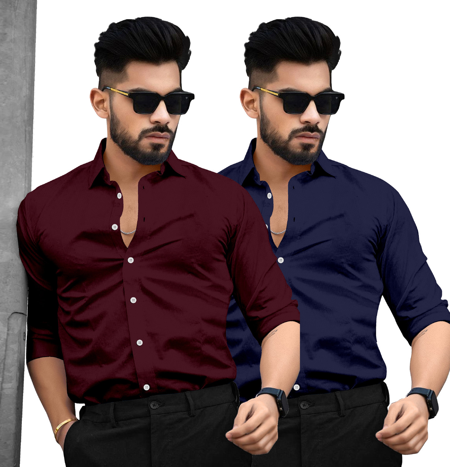 Image of SAADIWALA Men Solid Casual Dark Blue, Maroon Shirt