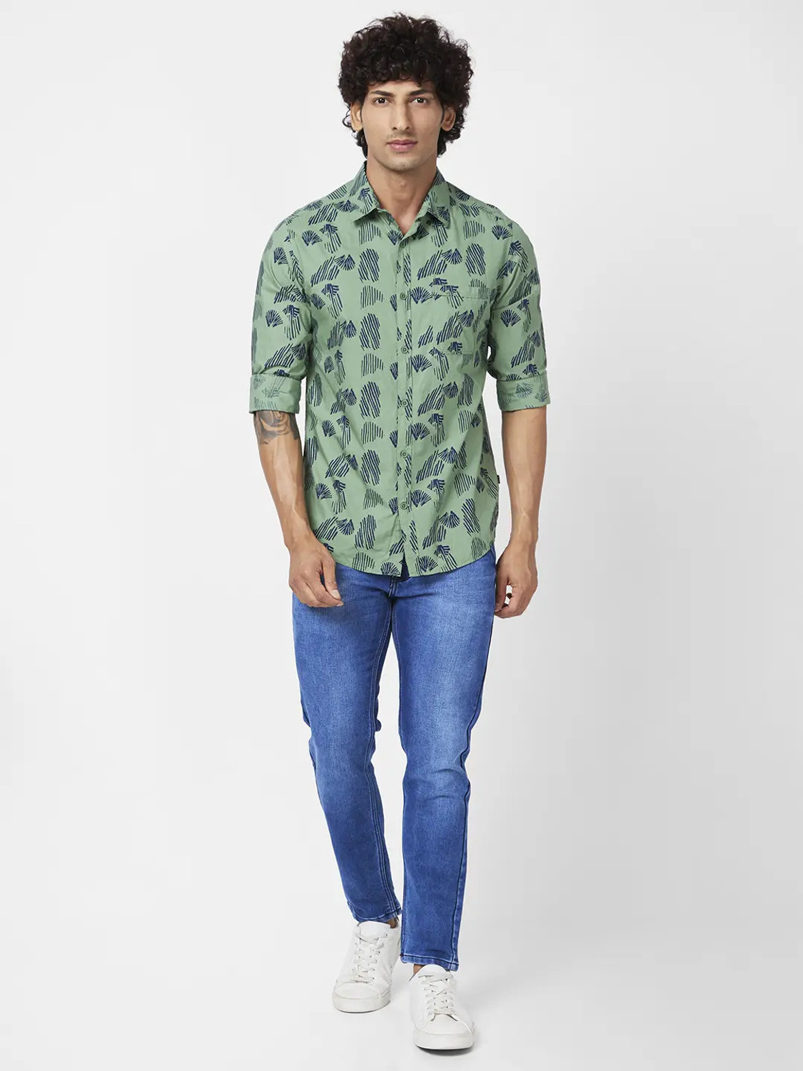 Image of Spykar Men Printed Casual Green Shirt