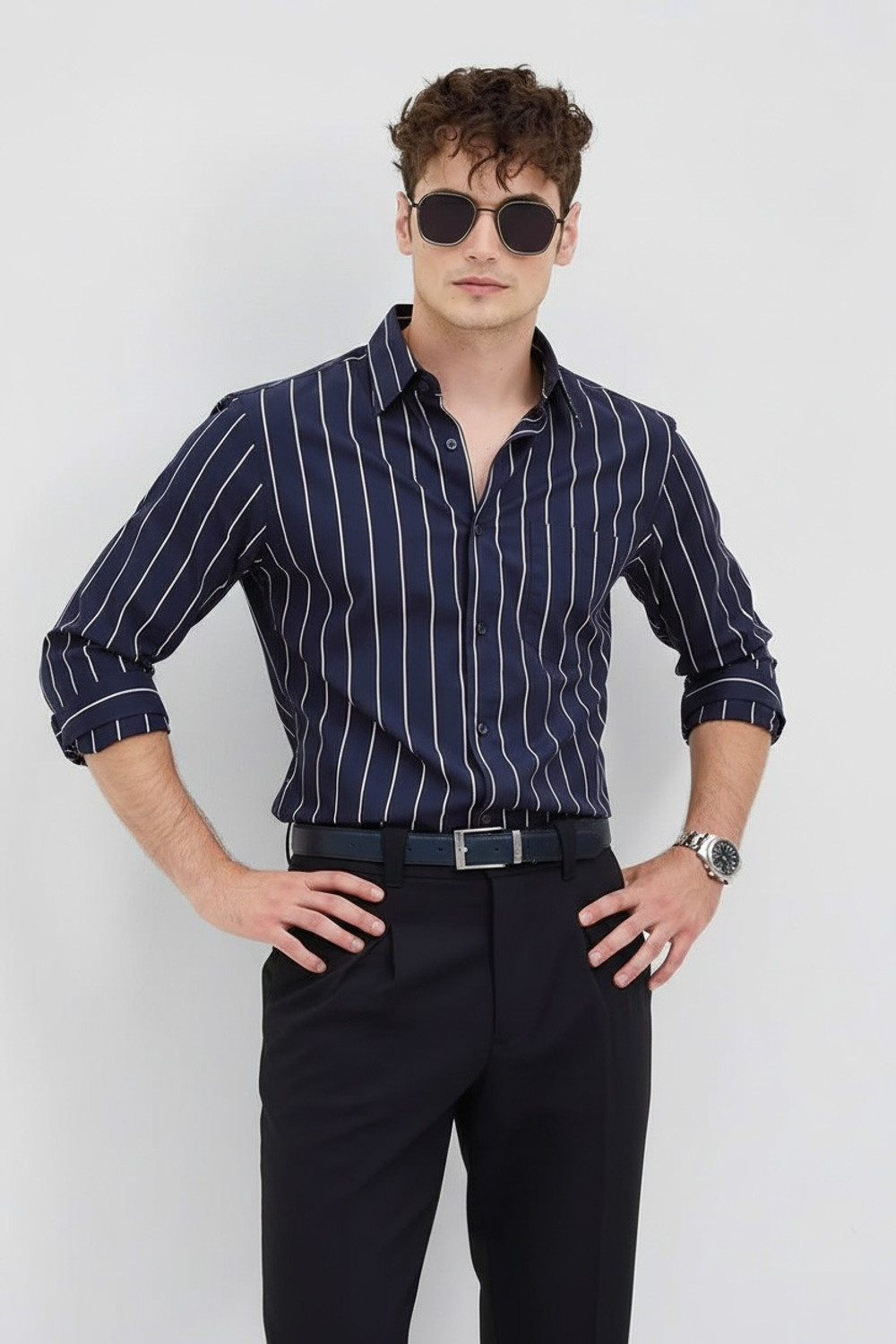 Image of RODEIZ Men Striped Casual Blue Shirt