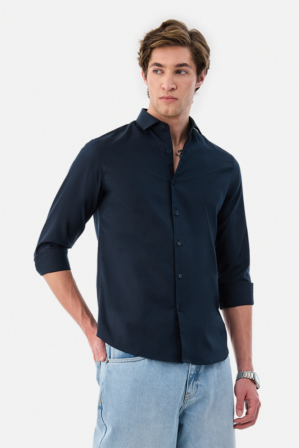 Image of Snitch Men Solid Formal Dark Blue Shirt