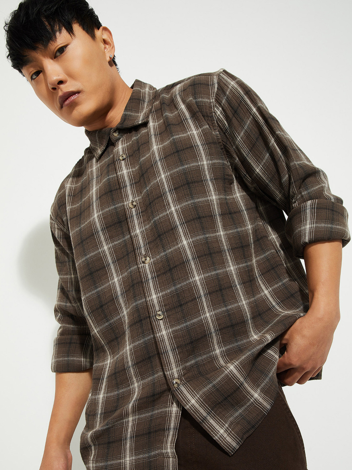 Image of MAX Men Checkered Casual Brown Shirt