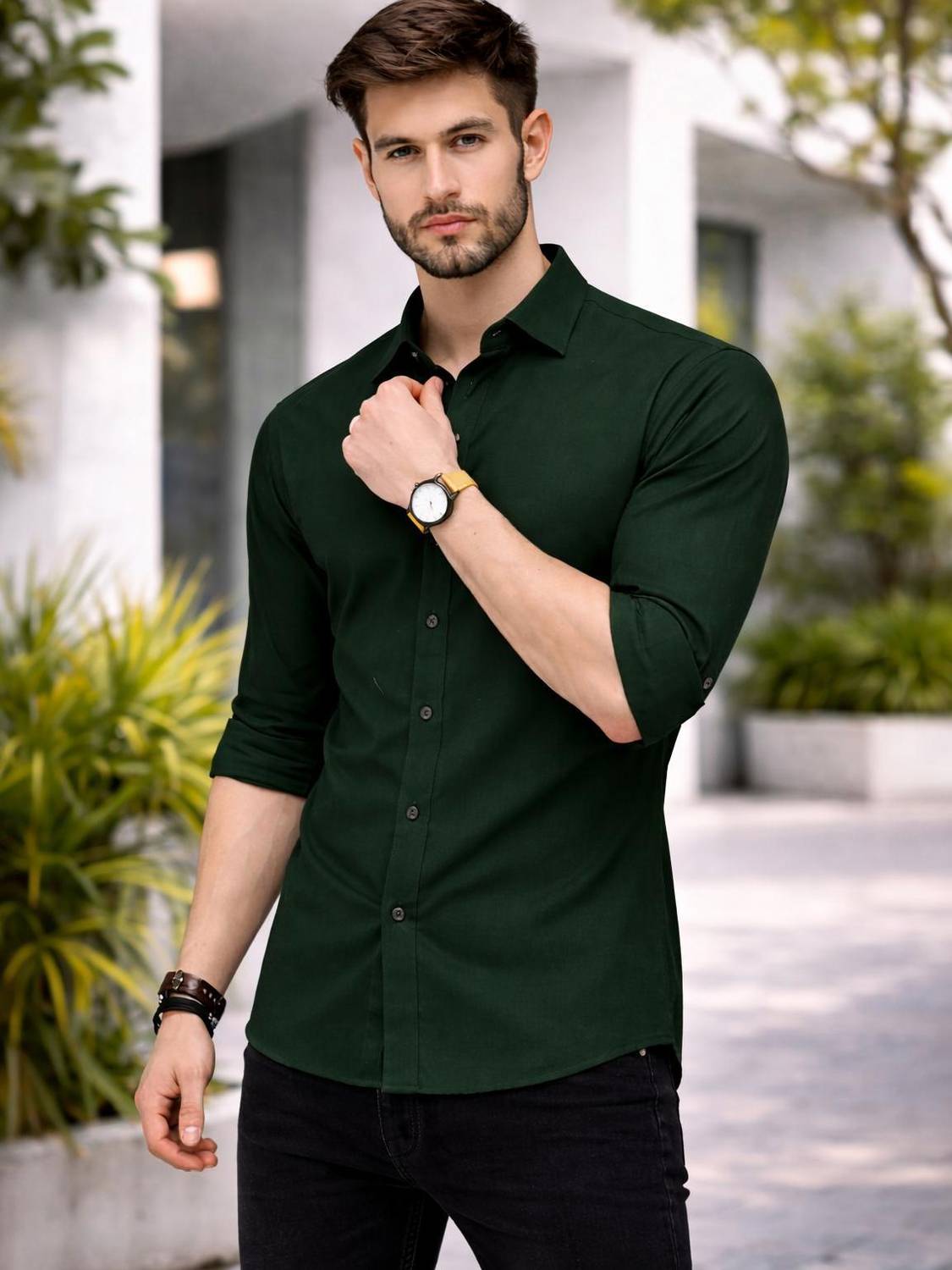 PRIVASTRAM Men Solid Casual Dark Green Shirt