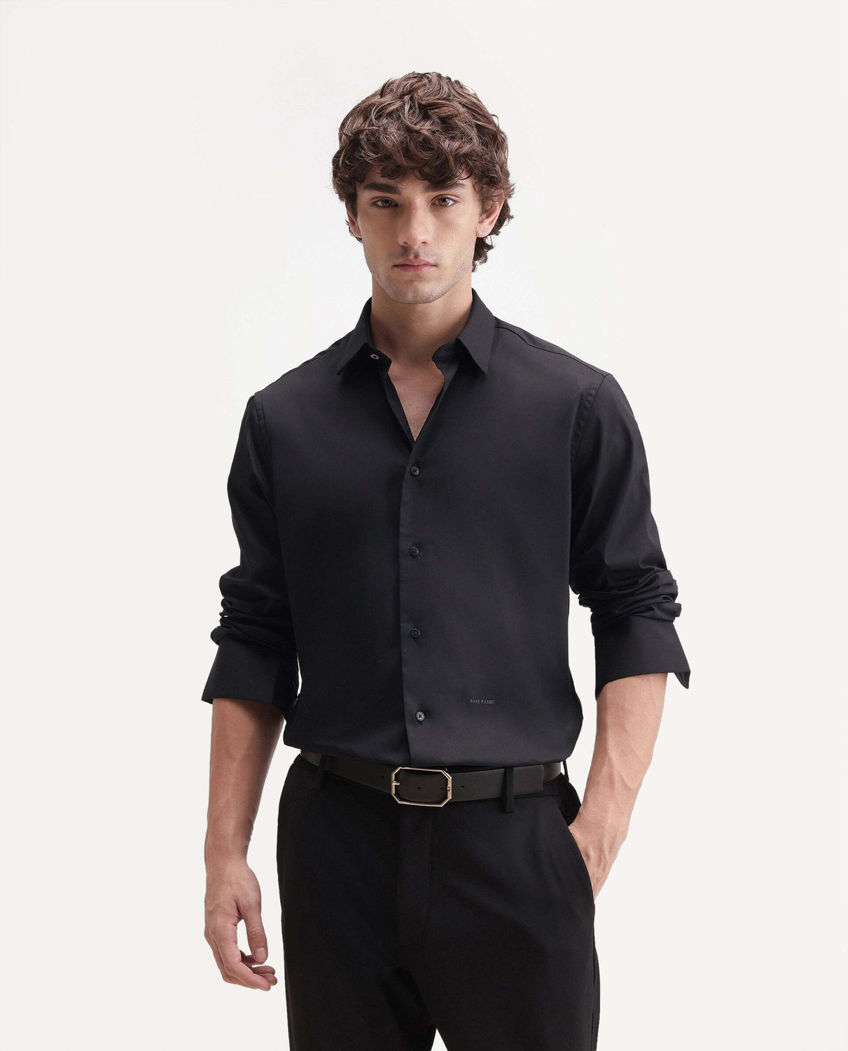 Image of RARE RABBIT Men Solid Casual Black Shirt