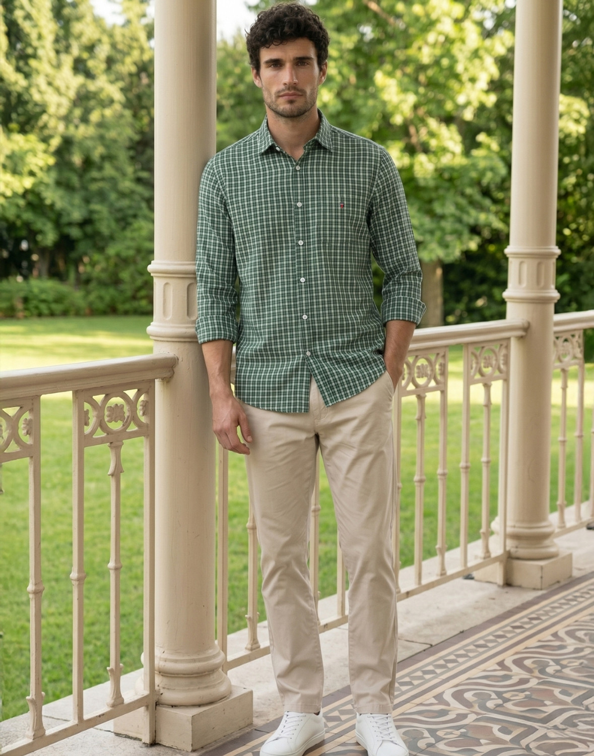 Image of LOUIS PHILIPPE Men Checkered Casual Green Shirt