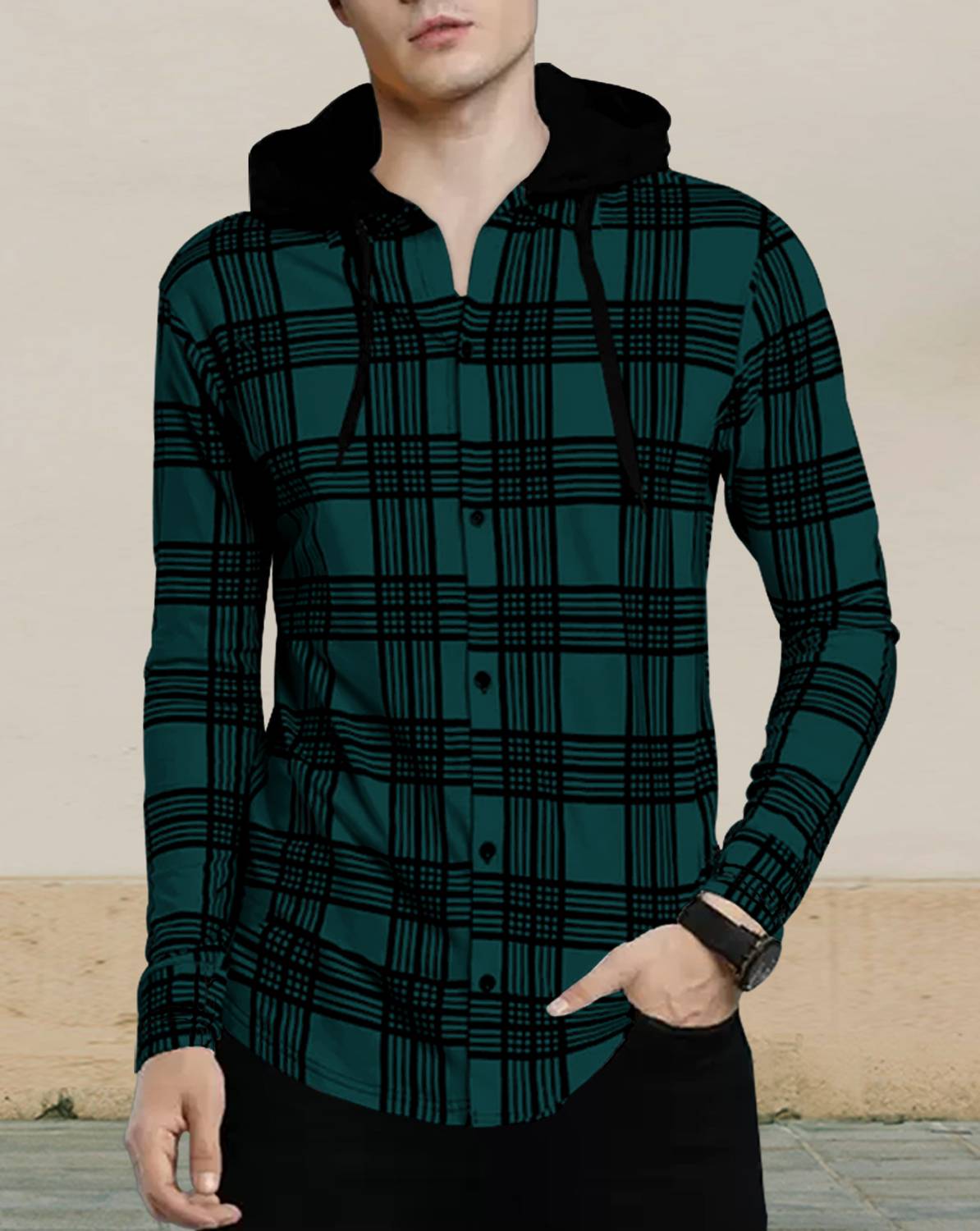 EyeBogler Men Regular Fit Checkered Hood Collar Casual Shirt