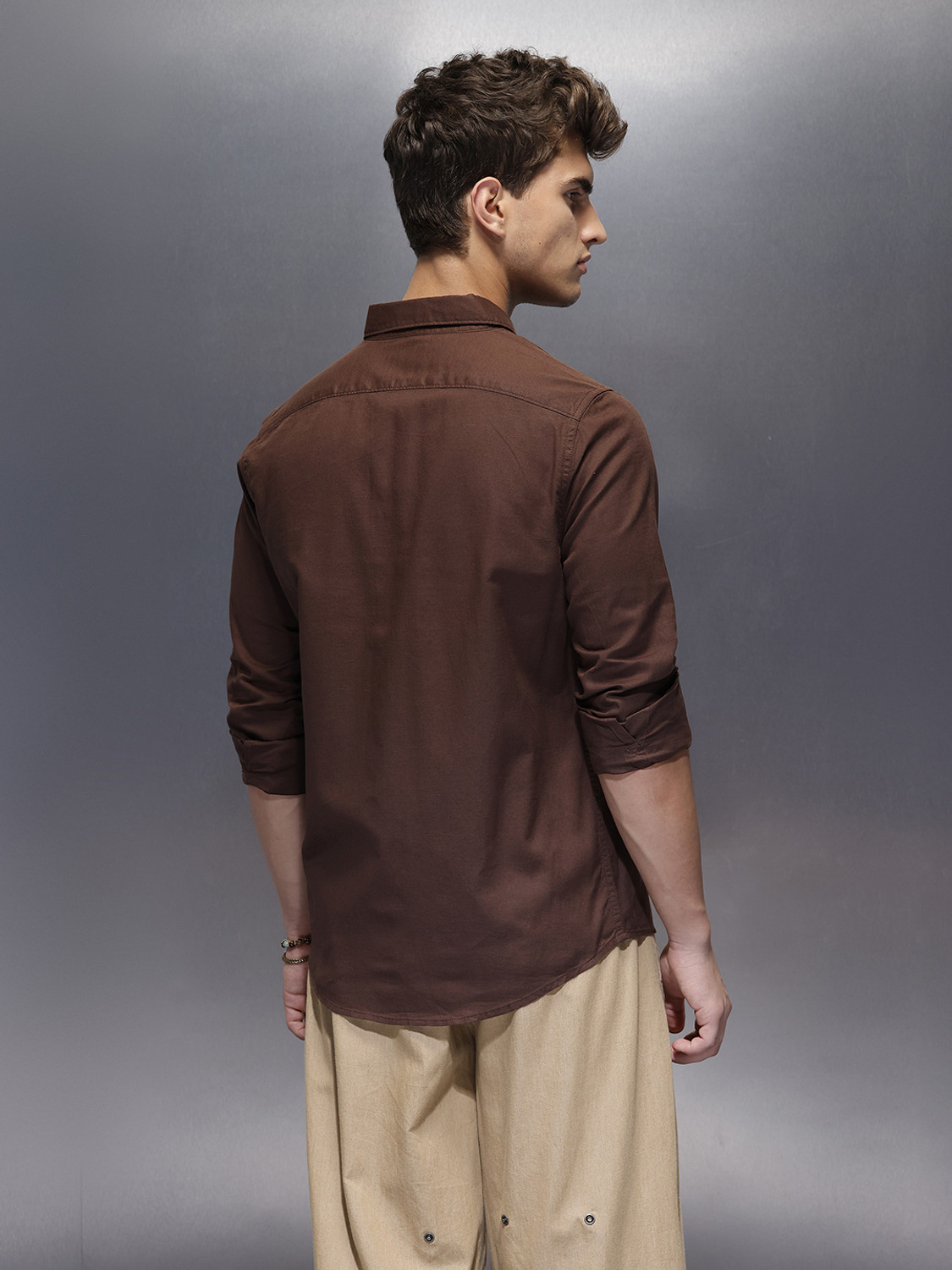 Image of WROGN Men Solid Casual Brown Shirt